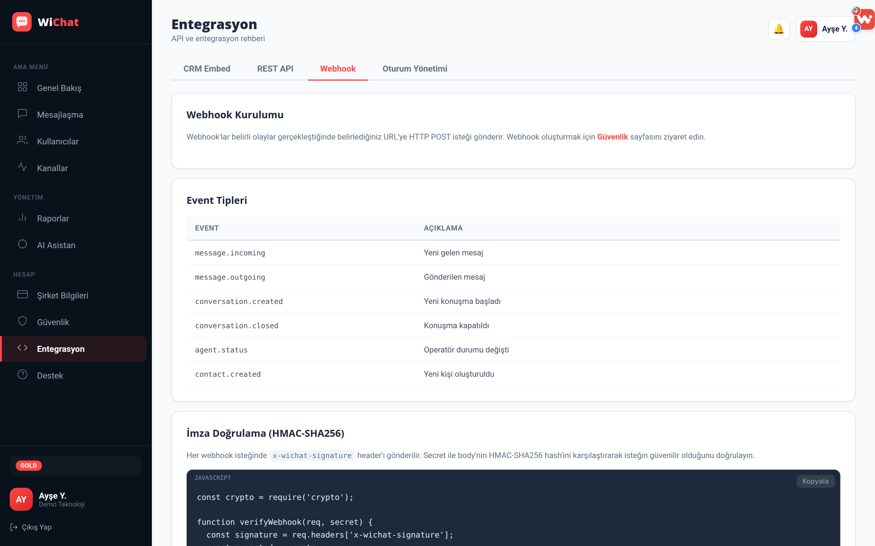 Webhook adresi ve olay seçim listesi