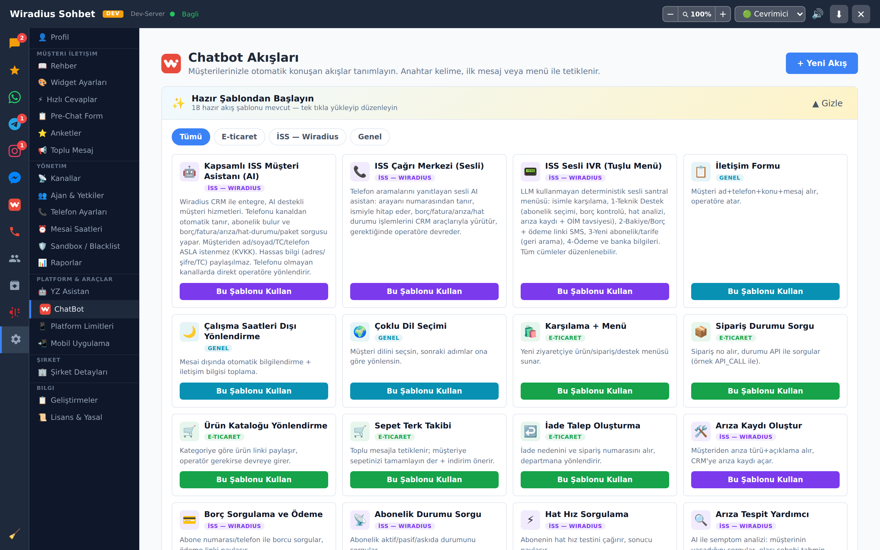 Hazır chatbot şablonlarının kart görünümü