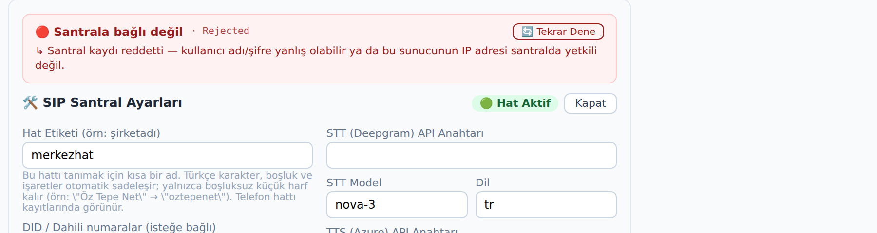 SIP kayıt durumu göstergesi ve tekrar dene butonu