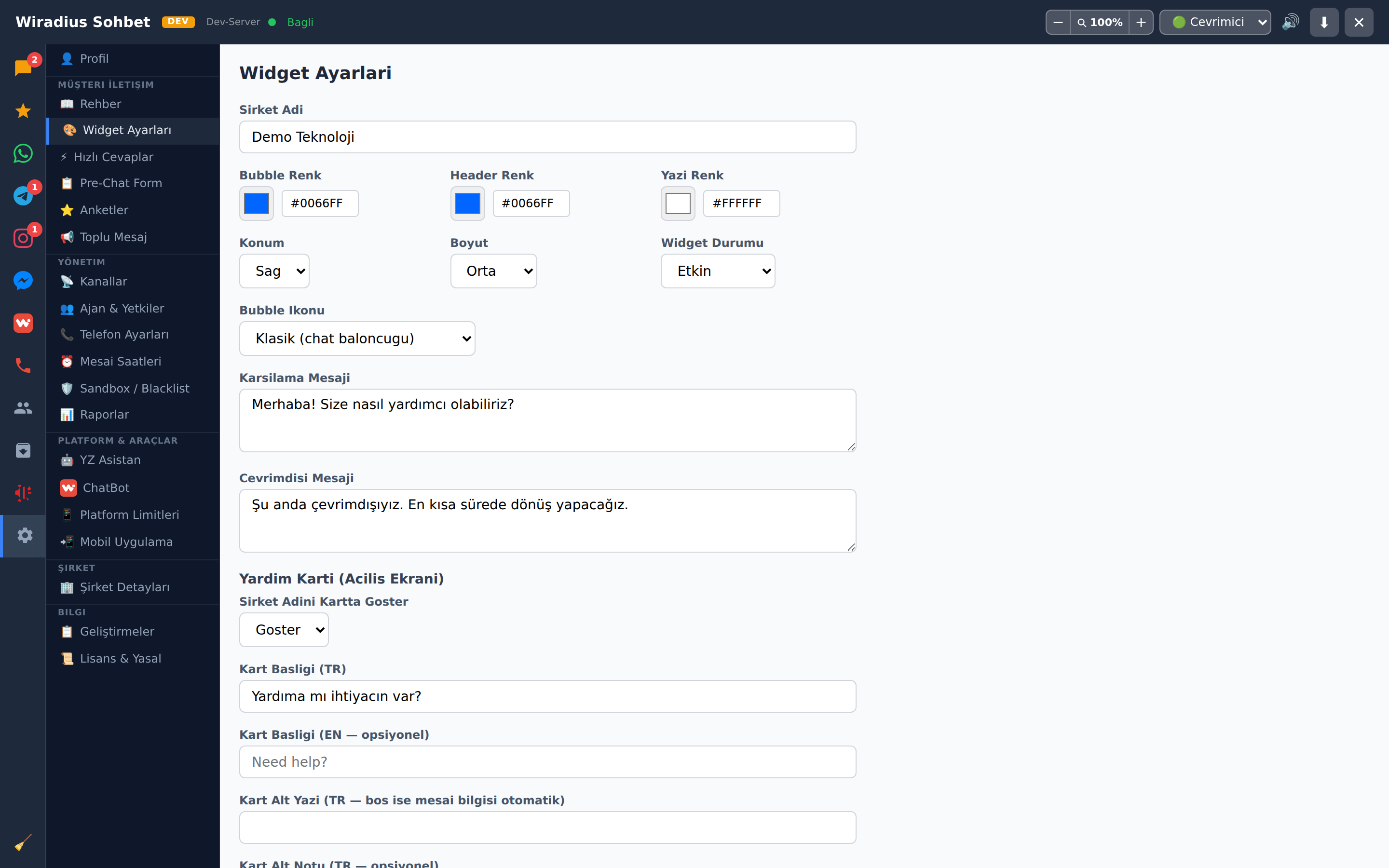 WebChat widget görünüm ayarları ve önizleme