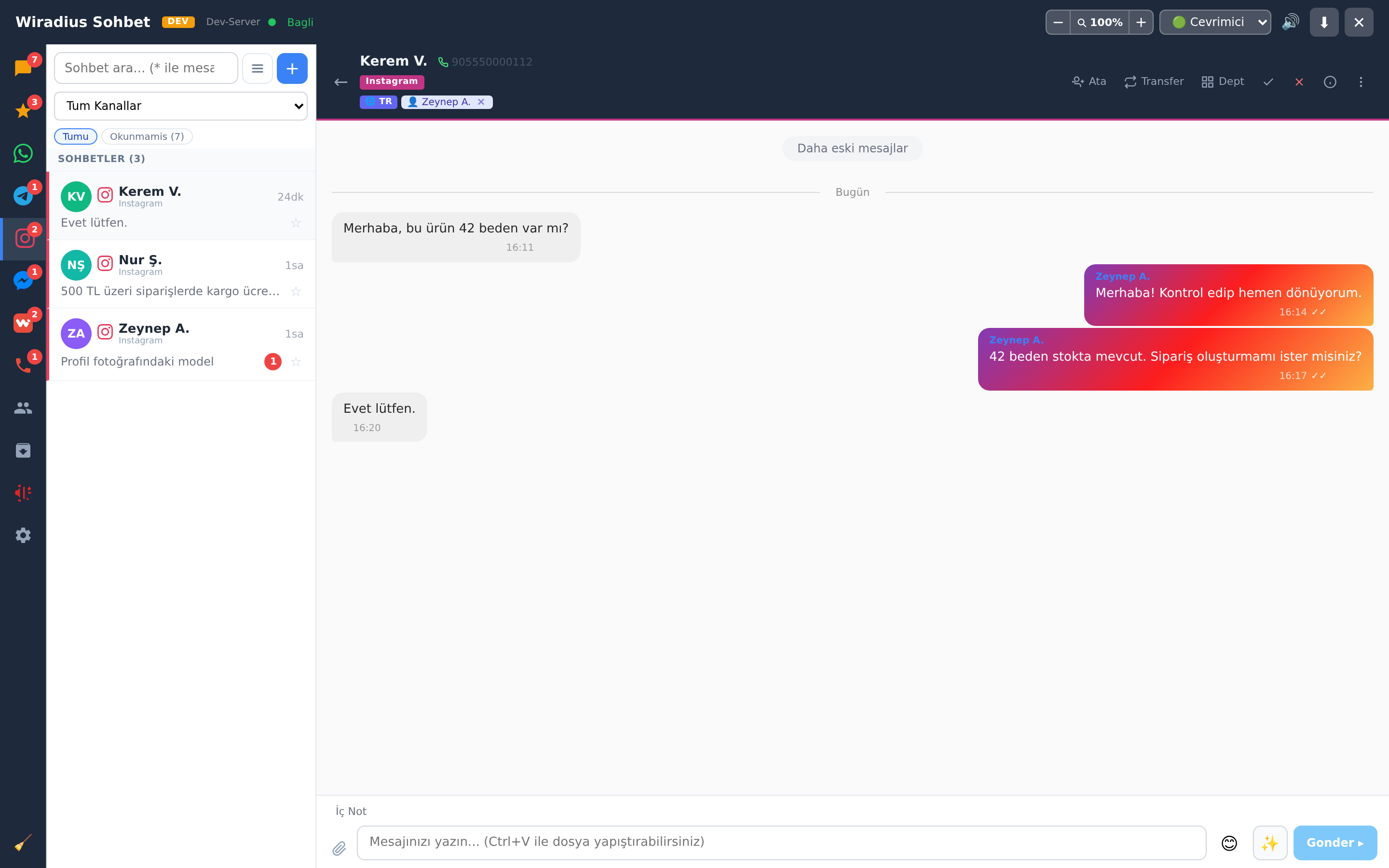 Operatör panelinde Instagram sekmesi: direkt mesaj listesi ve açık bir konuşma