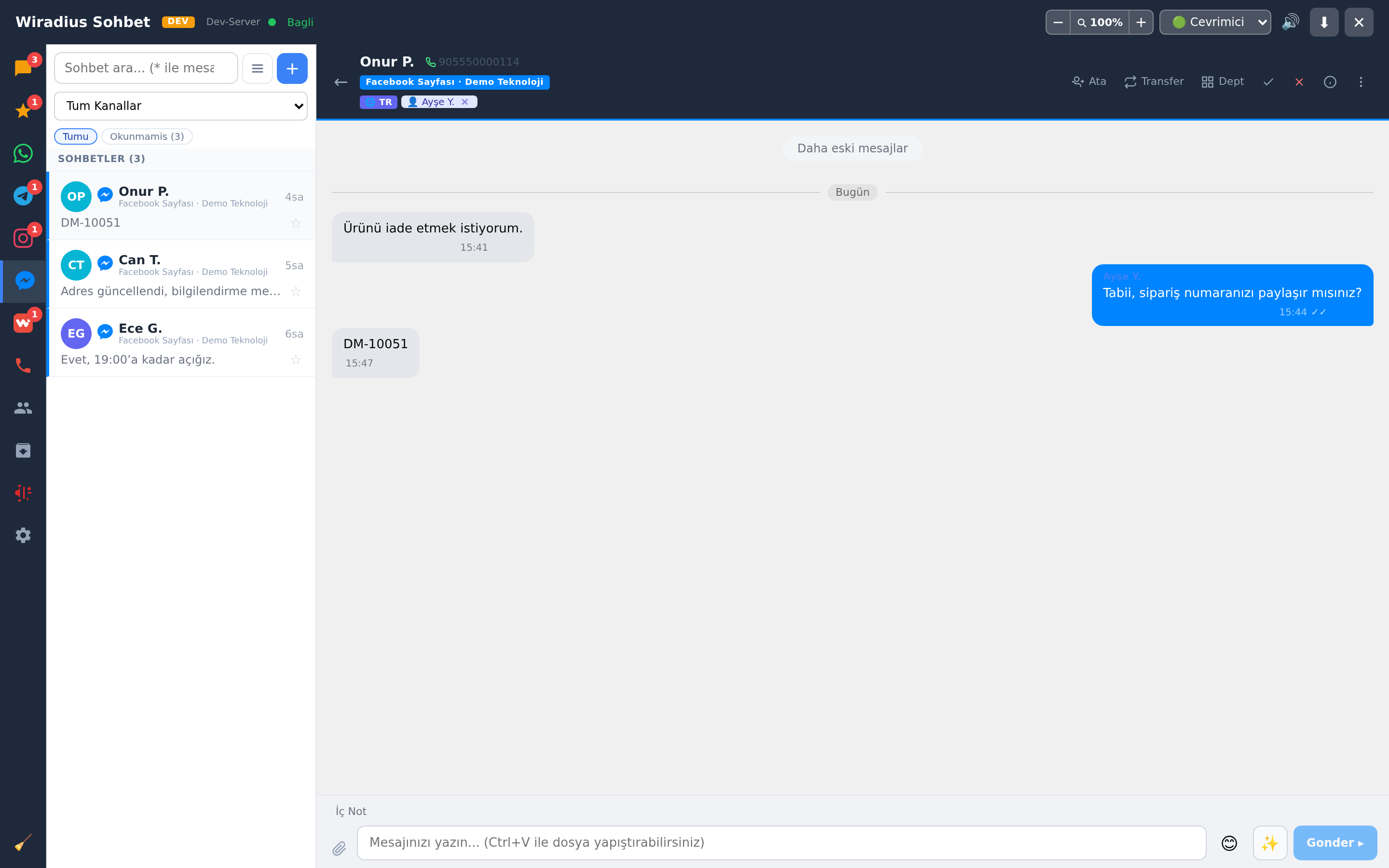 Operatör panelinde Messenger sekmesi: sayfa mesajları listesi ve açık bir konuşma