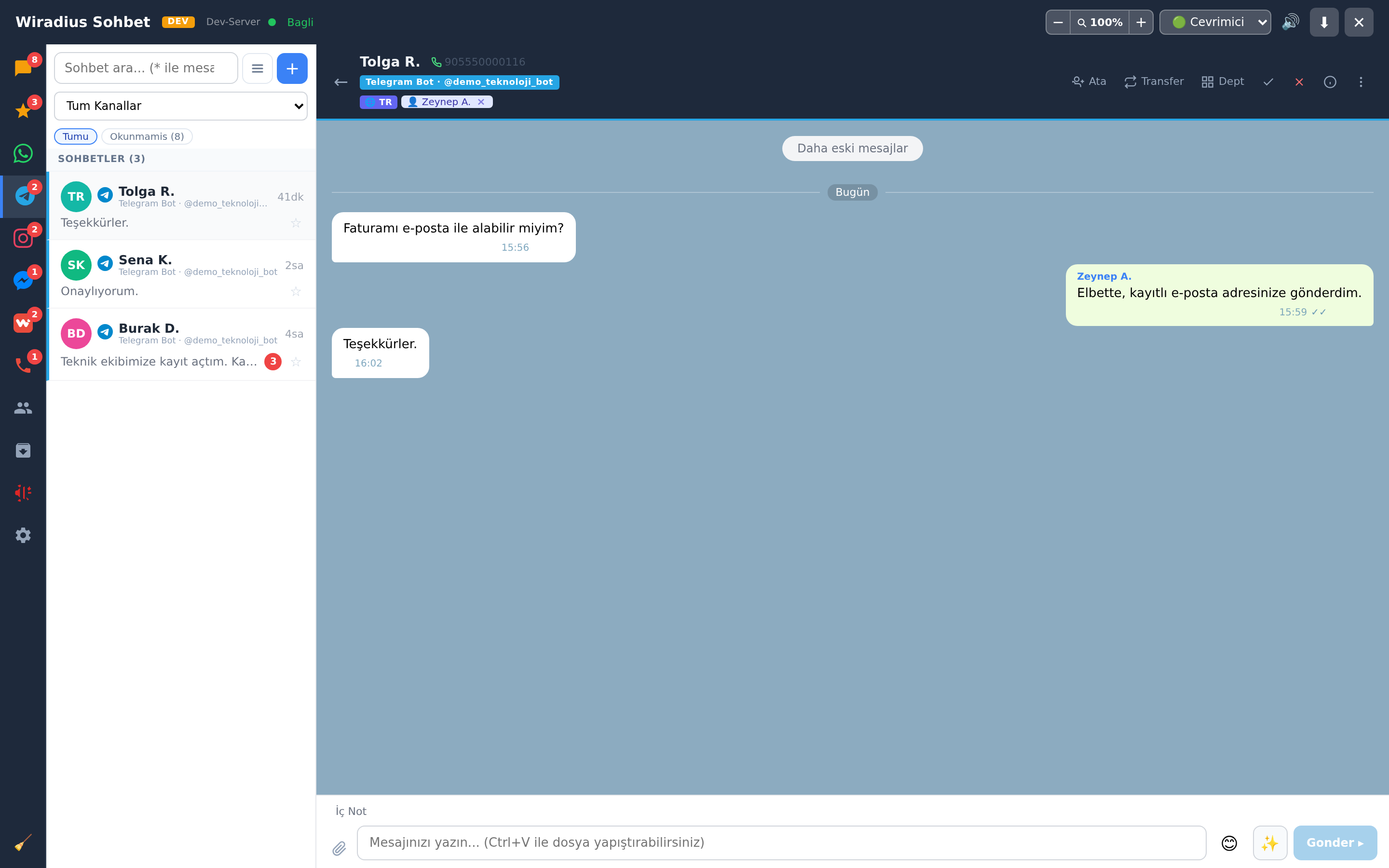 Operatör panelinde Telegram sekmesi: sohbet listesi ve açık bir Telegram konuşması