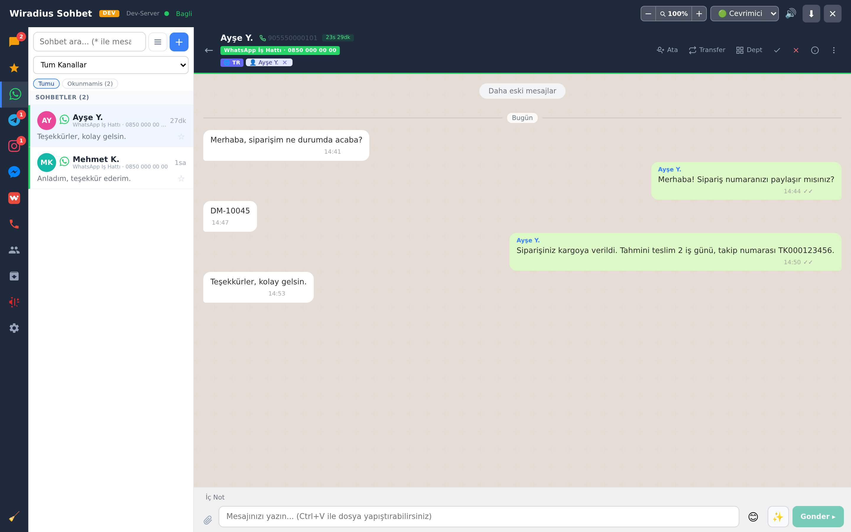 Kanal sekmeleri: Tüm Sohbetler, WhatsApp, Telegram, Instagram, Messenger, WiChat, Telefon