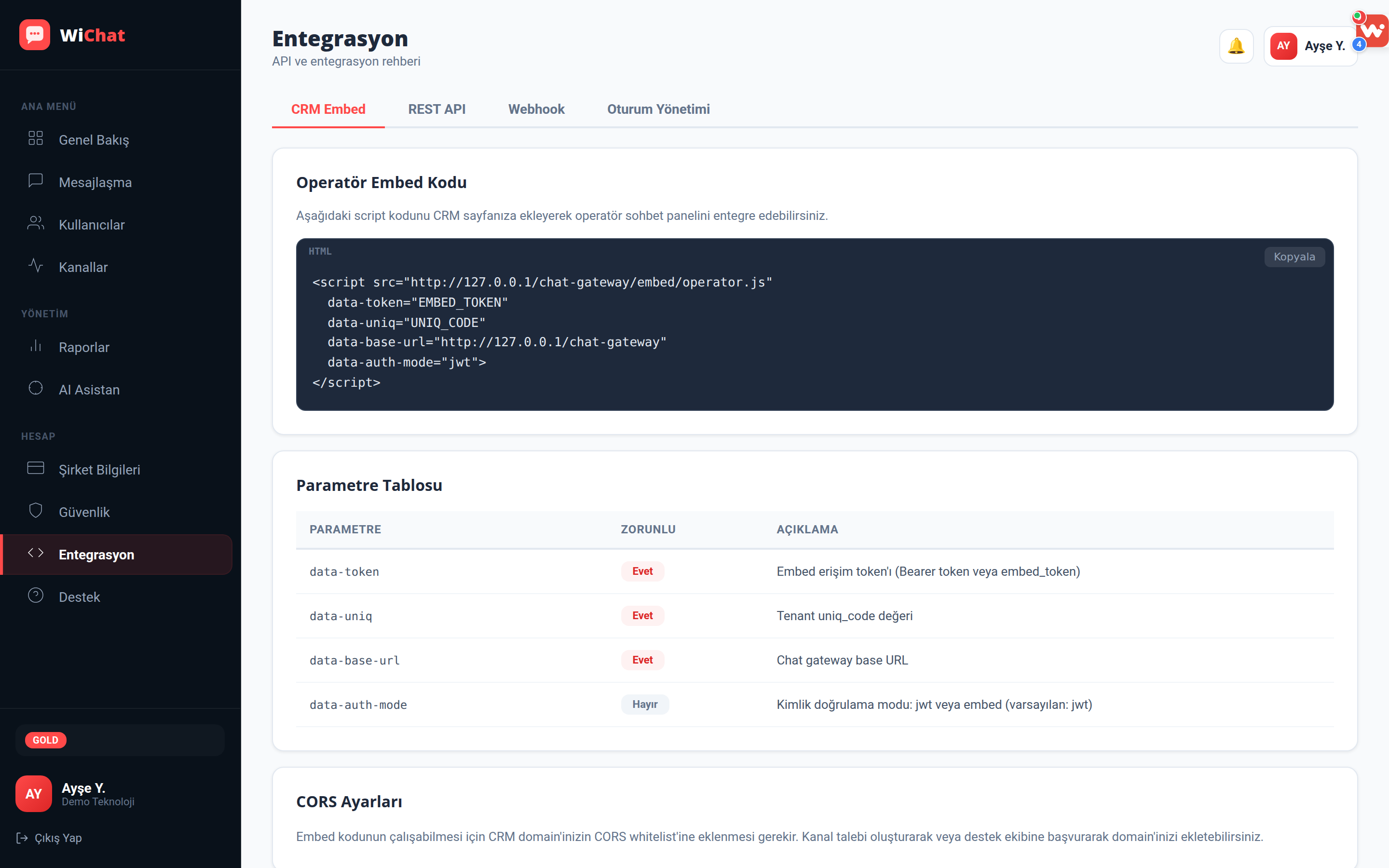 Entegrasyon sayfası: API anahtarı ve webhook adresi alanları